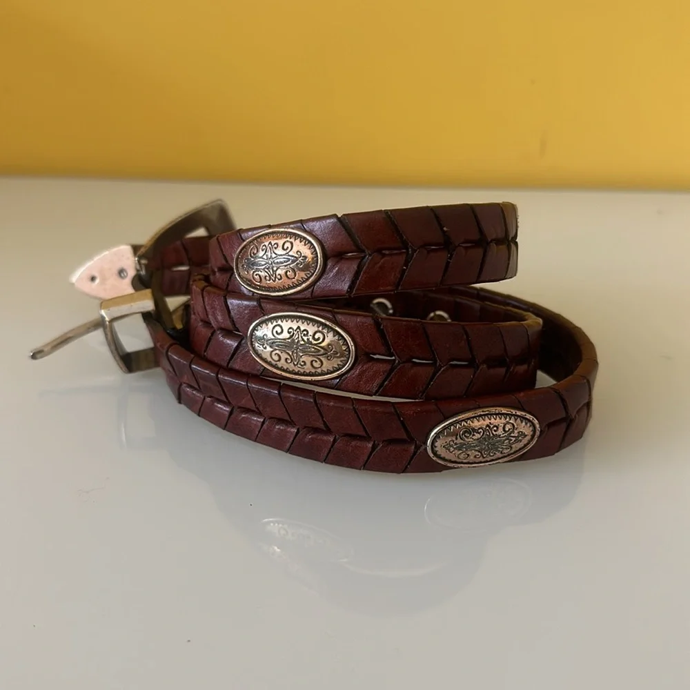 Brighton Brown Braided Leather Belt with Metal Medallions Size L
